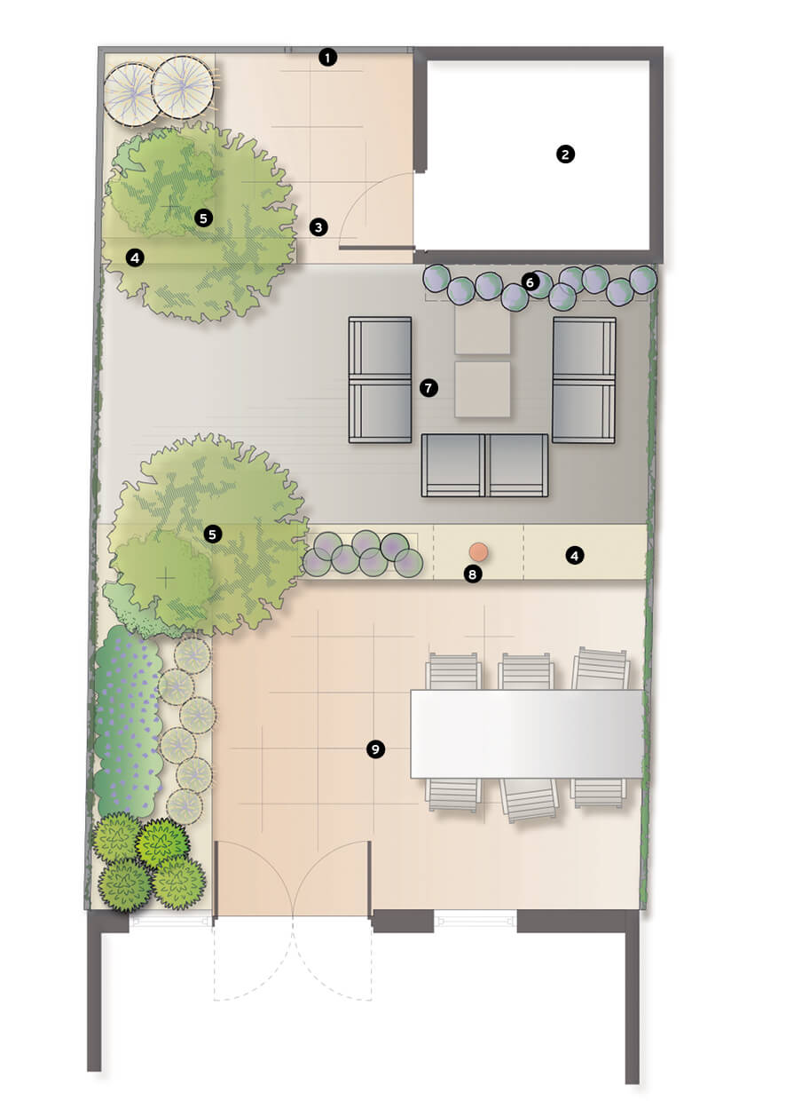 Voorbeeld van een tuinarchitect-tekening voor een compacte achtertuin